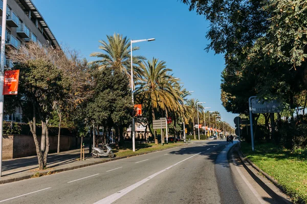 Barcelona Espanha Dezembro 2018 Rua Acolhedora Com Árvores Verdes Crescendo — Fotografia de Stock