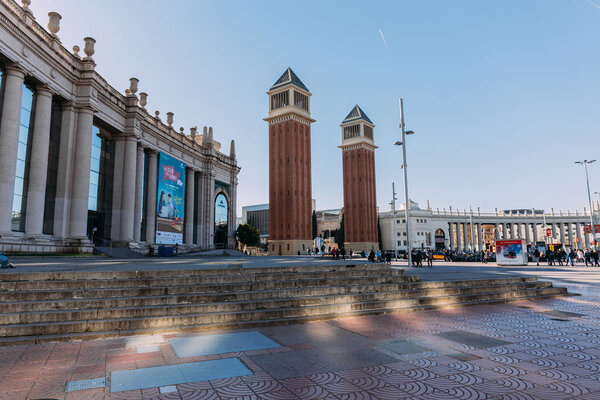 BARCELONA, SPAIN - DECEMBER 28, 2018: Plaza de Espana with gorgeous Torres Venecianes, one of the most beautiful city landmarks