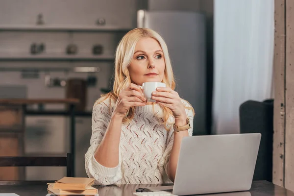 Attractive Pensive Woman Holding Cup Drink Laptop — Stock Photo, Image