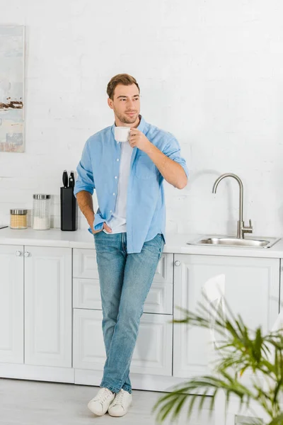 Handsome Man Casual Clothes Drinking Coffee Kitchen — Stock Photo, Image