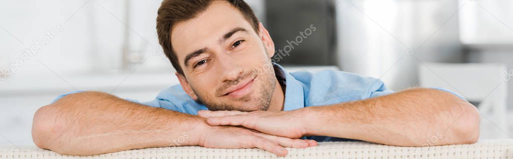 handsome smiling man looking at camera while leaning face on hands at home 