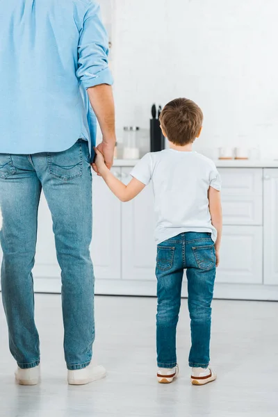 Back View Preschooler Holding Hands Father Kitchen — Stock Photo, Image