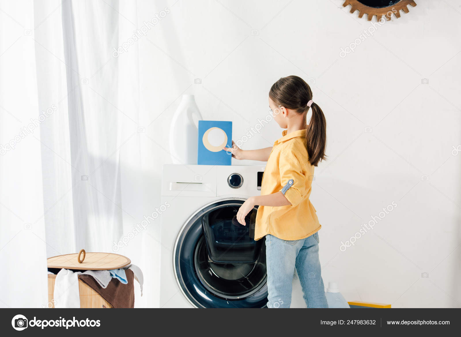 Side View Child Yellow Shirt Washer Taking Washing Powder