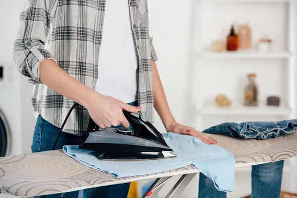 Cropped View Woman Grey Shirt Ironing Laundry Room — Stock Photo, Image