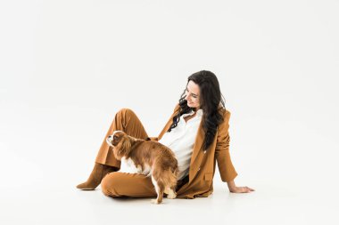 Takım elbise ile beyaz arka plan üzerinde köpek katta oturan mutlu hamile kadın