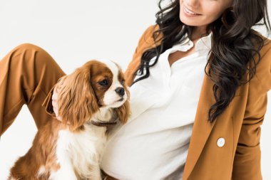 Partial view of pregnant woman in brown jacket stroking dog isolated on white clipart