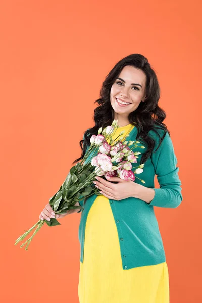 Beautiful Curly Pregnant Woman Holding Flower Bouquet Isolated Orange — Stock Photo, Image