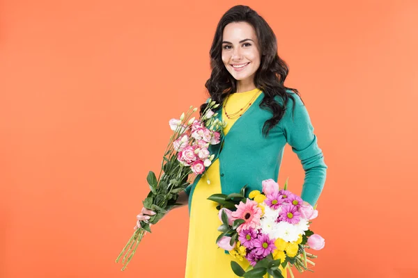 Blissful Pregnant Young Woman Holding Flower Bouquets Isolated Orange — Stock Photo, Image