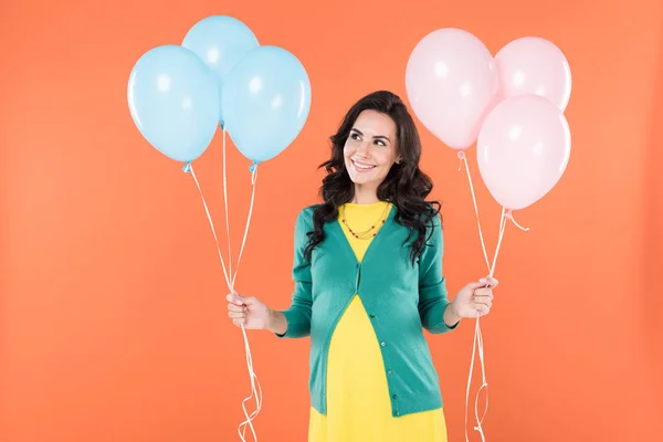 Happy Pregnant Woman Pink Blue Air Balloons Isolated Orange — Stock Photo, Image