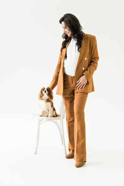 Mujer Embarazada Elegante Traje Marrón Acariciando Perro Sobre Fondo Blanco — Foto de Stock