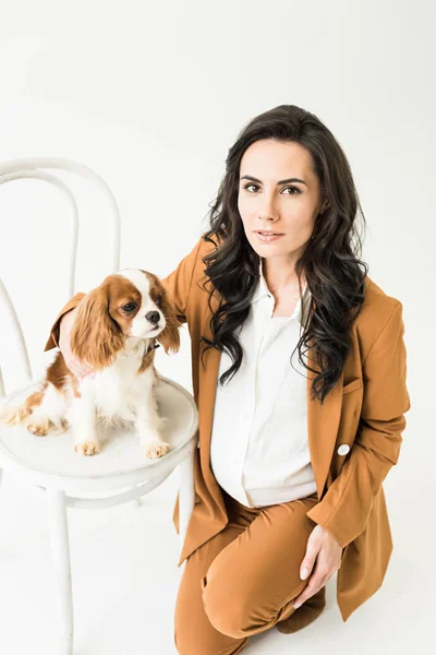 Beautiful pregnant woman sitting near chair and touching dog isolated on white