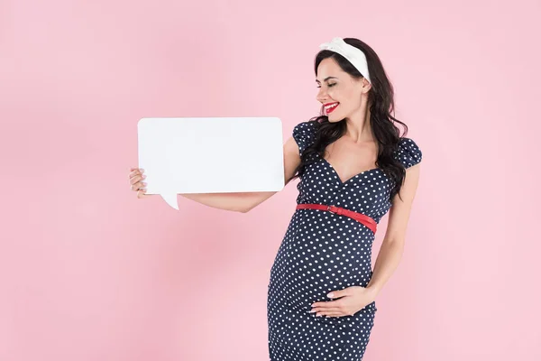 Pretty Pregnant Woman Holding Speech Bubble Touching Belly Pink Background — Stock Photo, Image