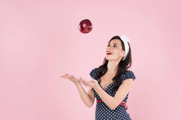 Smiling Pregnant Girl Dress Throwing Red Apple Isolated Pink — Stock Photo, Image