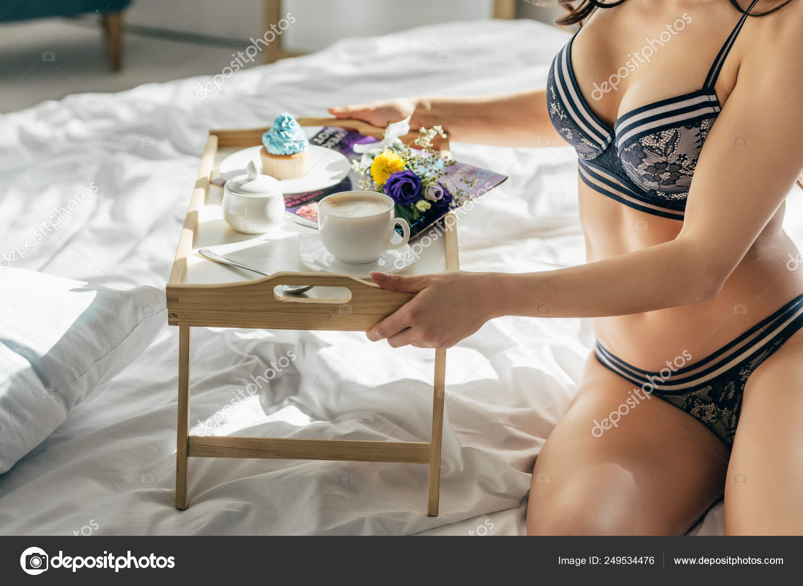 Cropped View Woman Underwear Holding Wooden Tray Breakfast - Stock Photo, I...
