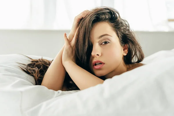 Selective Focus Sexy Woman Lying Bed Looking Camera — Stock Photo, Image