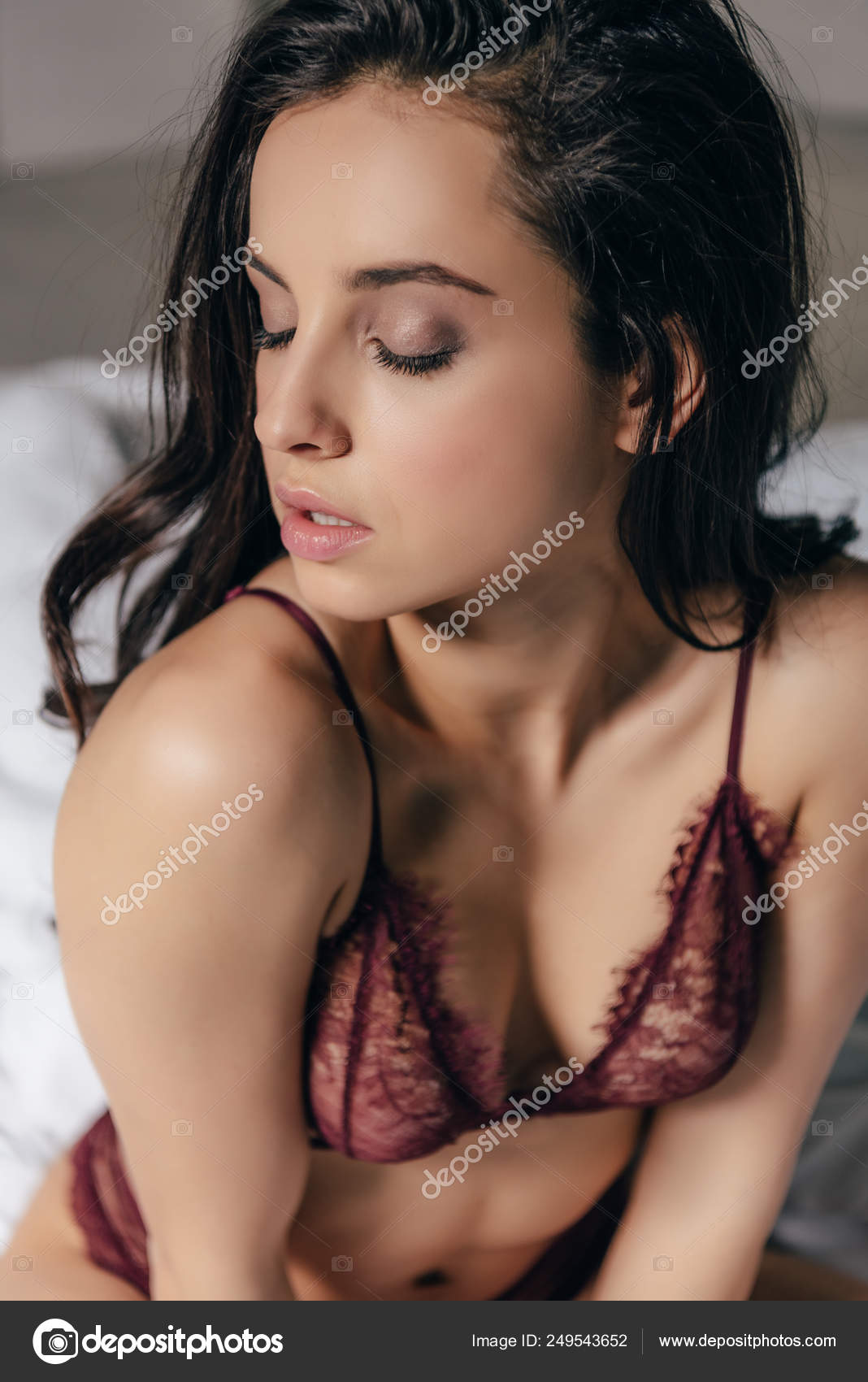 Sexy Brunette Woman Red Lace Lingerie Closed Eyes Stock Photo by ©IgorVetushko 249543652