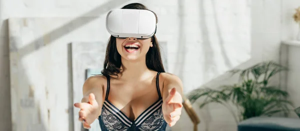 Panoramic Shot Happy Brunette Woman Underwear Wearing Virtual Reality Headset — Stock Photo, Image