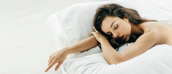 Panoramic Shot Pretty Woman Sleeping Bed Home — Stock Photo, Image