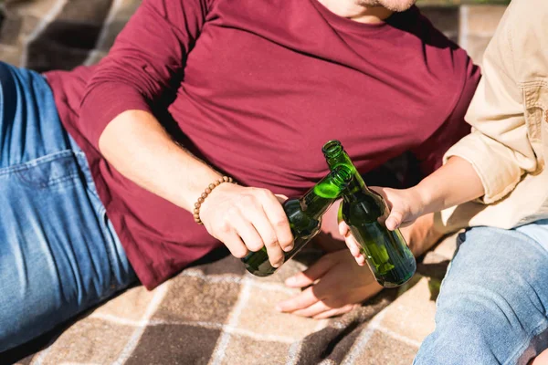 Vista Cortada Casal Clinking Garrafas Com Cerveja Enquanto Sentado Cobertor — Fotografia de Stock