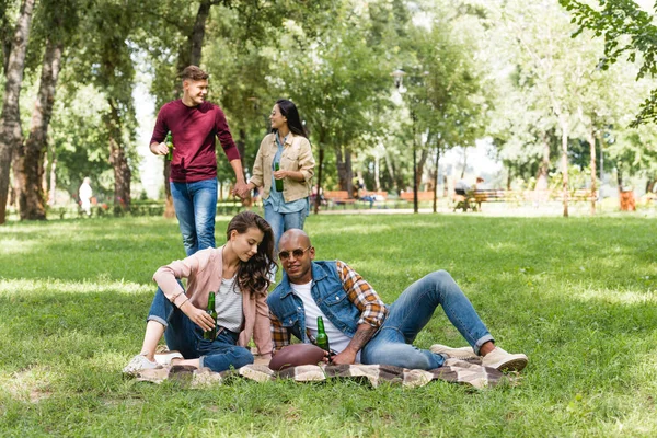 Selective Focus Cheerful African American Young Man Attractive Girl Sitting — Stock Photo, Image