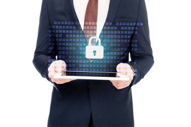 partial view of businessman holding digital tablet in hands with internet security icon above clipart