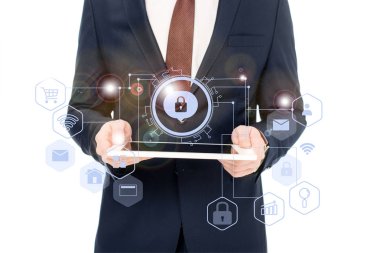 cropped view of businessman holding digital tablet in hands with internet security icons above clipart