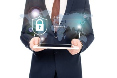 cropped view of businessman in suit holding digital tablet in hands with internet security icons above clipart