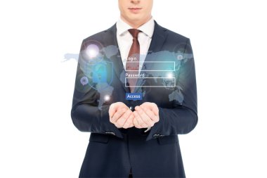 işadamı uzanmış eller ve Internet güvenlik yukarıdaki resimde ile takım elbiseli kırpılmış görünümü
