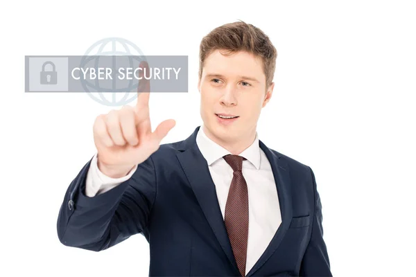 Successful Businessman Suit Pointing Finger Cyber Security Illustration White Background — Stock Photo, Image