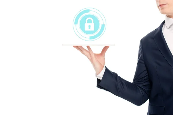 Cropped View Businessman Holding Digital Tablet Lock Illustration — Stock Photo, Image