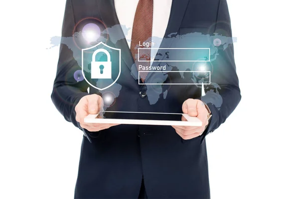 Cropped View Businessman Suit Holding Digital Tablet Hands Internet Security — Stock Photo, Image
