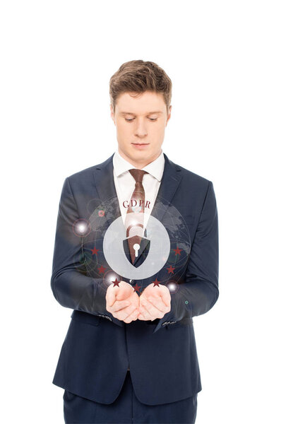 businessman in suit looking at outstretched hands with internet security icon and gbpr letters above isolated on white