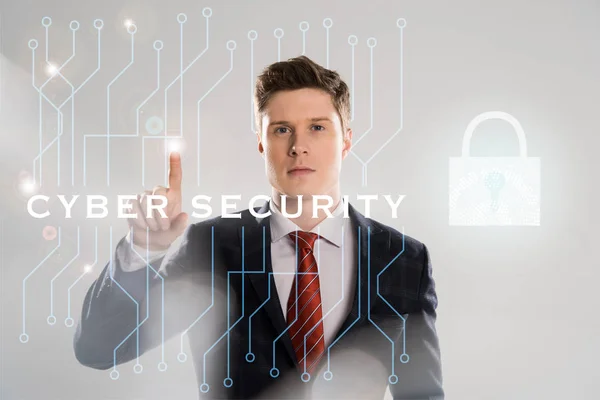 Confident Businessman Suit Pointing Finger Cyber Security Illustration Front — Stock Photo, Image