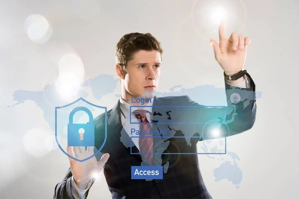 Handsome Businessman Suit Pointing Internet Security Illustration Front — Stock Photo, Image