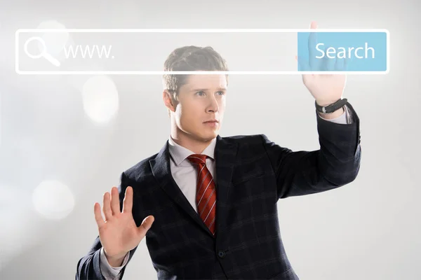 Handsome Businessman Suit Pointing Hands Search Bar Illustration Front — Stock Photo, Image