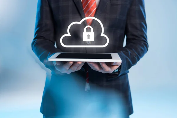 Partial View Businessman Holding Digital Tablet Lock Cloud Icons Blue — Stock Photo, Image