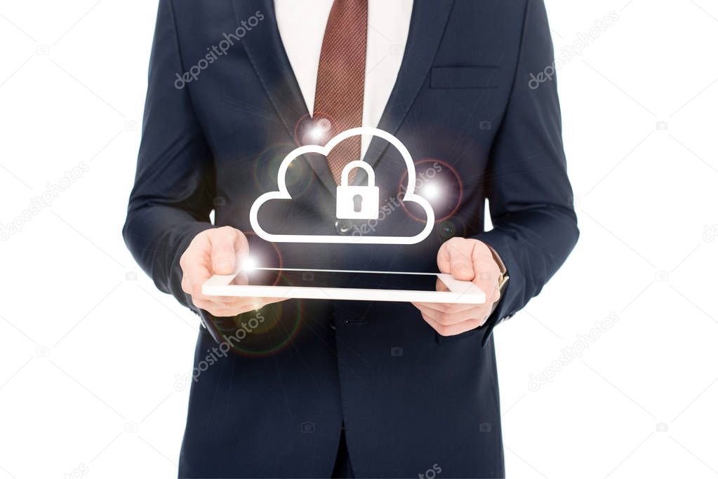 partial view of businessman holding digital tablet in hands with internet security icons above