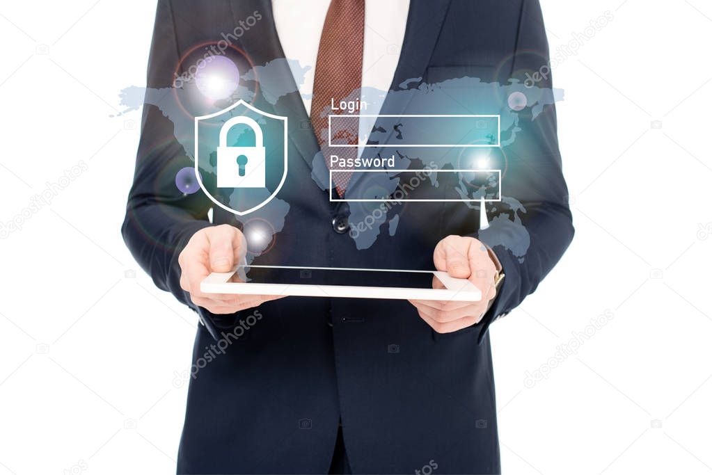 cropped view of businessman in suit holding digital tablet in hands with internet security icons above