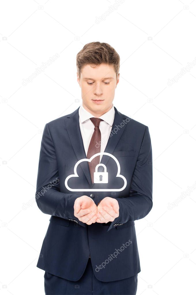 businessman in suit looking at outstretched hands with internet security icons above isolated on white