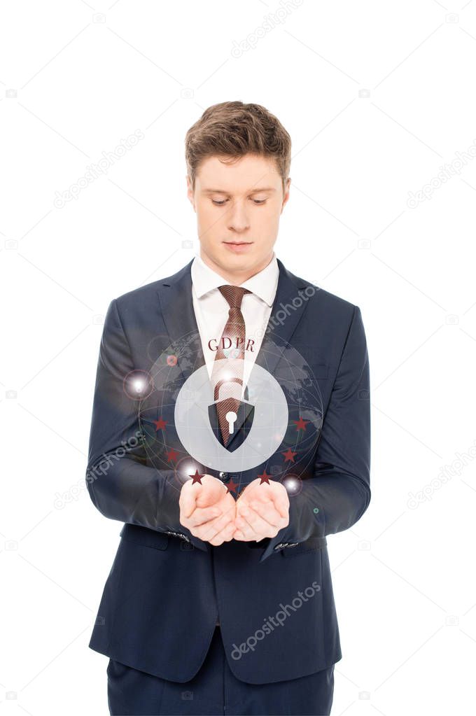 businessman in suit looking at outstretched hands with internet security icon and gbpr letters above isolated on white