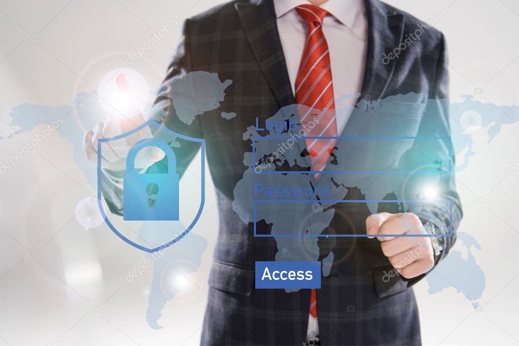 cropped view of businessman in suit pointing with finger at cyber security illustration in front 