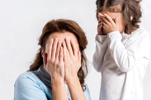 Mother Blue Shirt Daughter Covering Eyes Isolated White — Stock Photo, Image