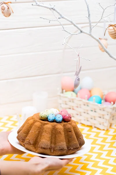 Cropped View Woman Holding Plate Easter Cake Painted Quail Eggs — Stock Photo, Image