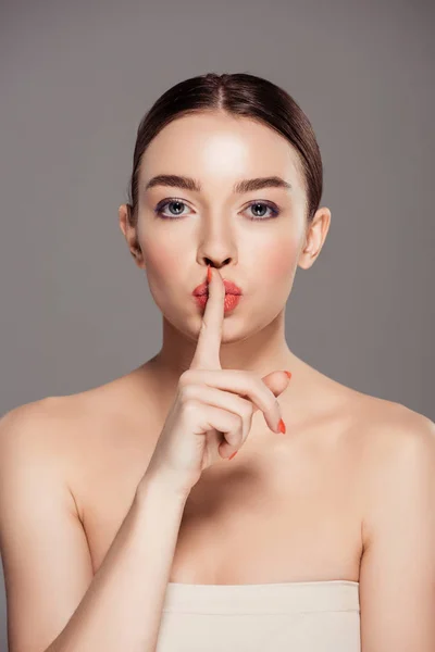 Beautiful Girl Looking Camera Doing Silent Gesture Isolated Grey — Stock Photo, Image