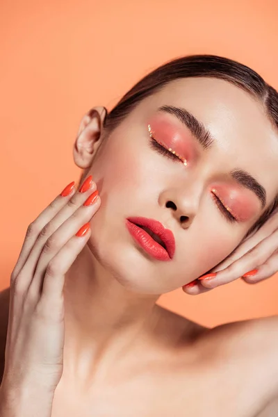 Beautiful Stylish Young Woman Eyes Closed Posing Isolated Coral — Stock Photo, Image