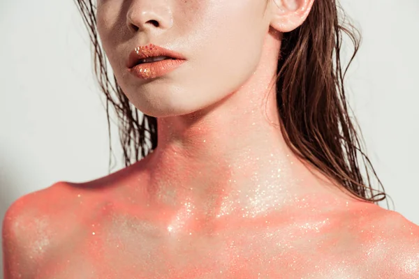 Cropped View Nude Woman Coral Glitter Wet Hair Isolated Grey — Stock Photo, Image