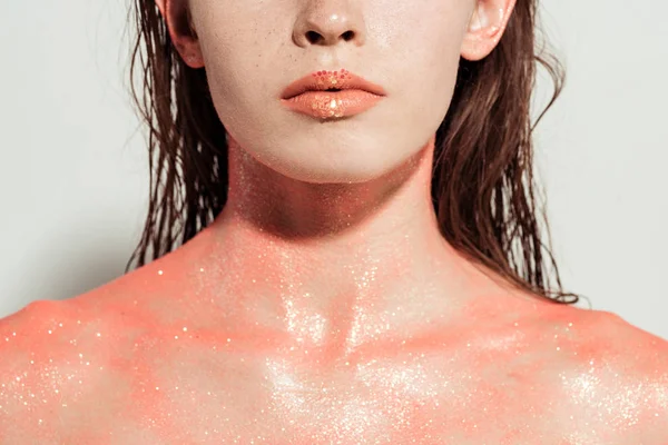 Cropped View Nude Woman Coral Glitter Wet Hair Isolated Grey — Stock Photo, Image
