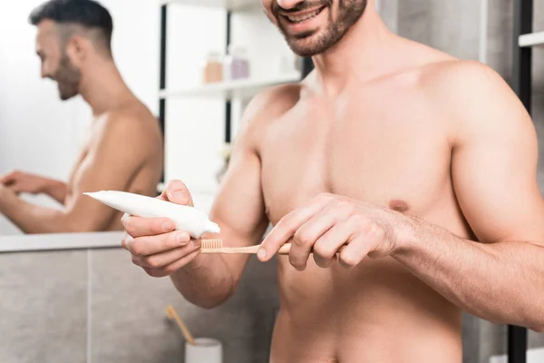 Cropped View Happy Shirtless Man Holding Toothpaste Toothbrush Bathroom — Stock Photo, Image