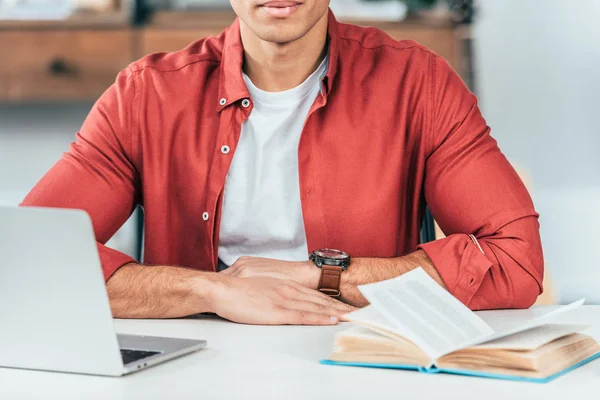 Cropped View Student Red Shirt Sitting Table Folded Arms — Stock Photo, Image