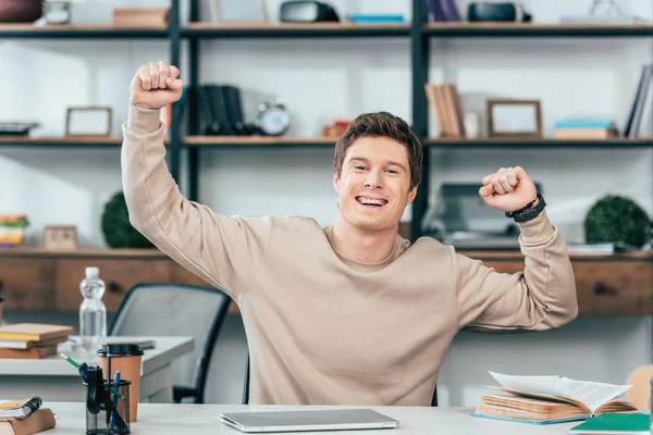 Happy Student Laptop Laughing Showing Yes Gesture — Stock Photo, Image